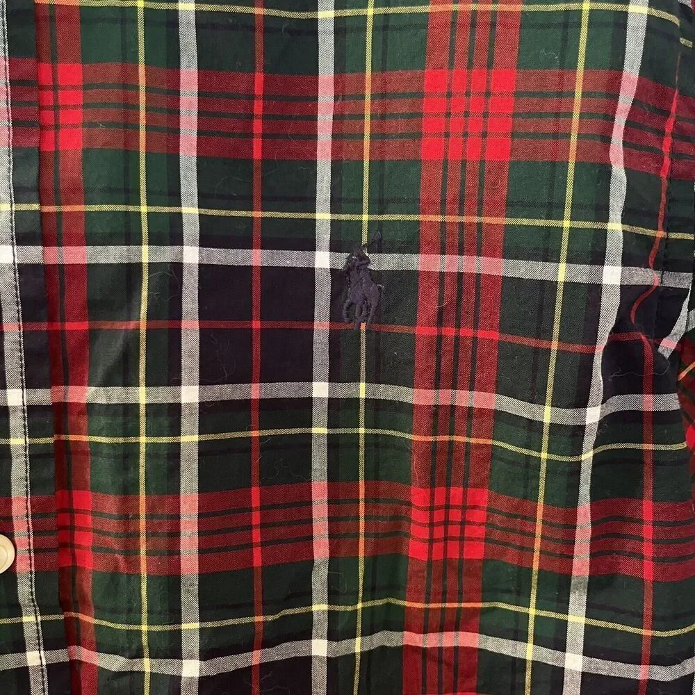 Ralph Lauren Red Green Navy Plaid Button Up Shirt Cotton Boys Size Large 14-16